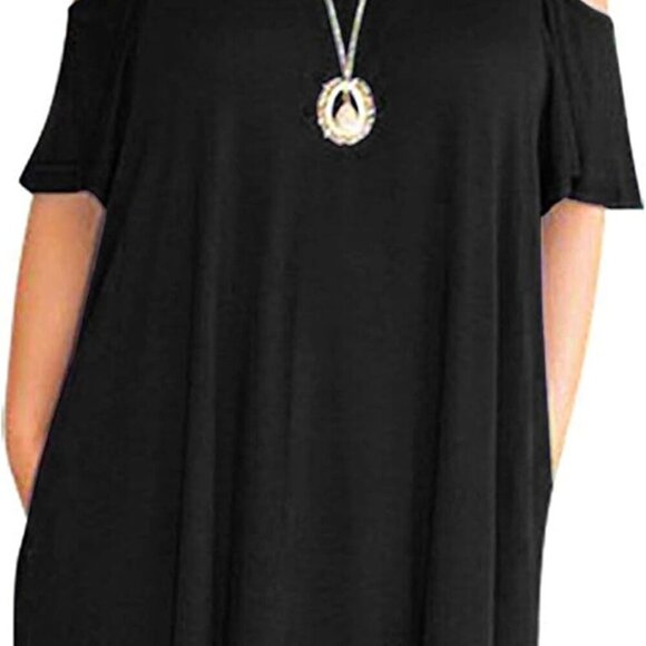 Dresses & Skirts - Women Plus Size Short Sleeve Cold Shoulder Swing Dress with Pockets Casual